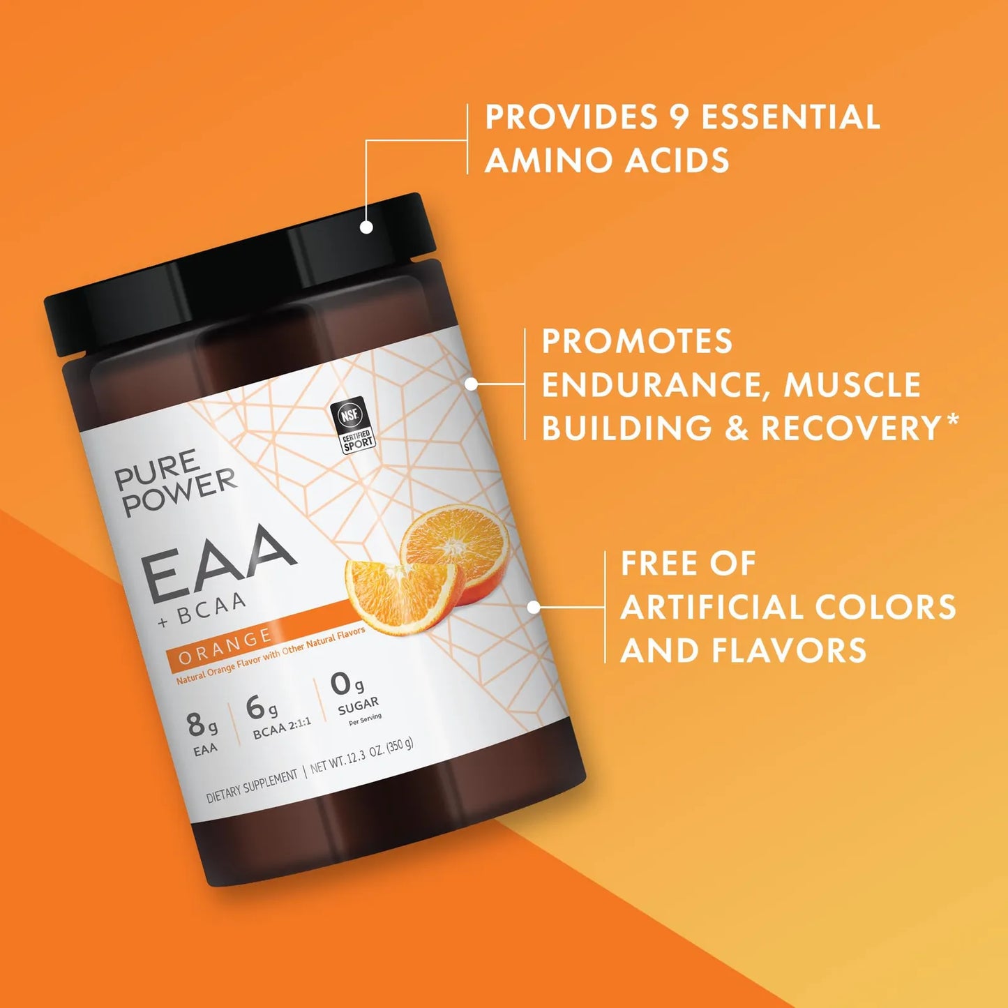 Aminoácidos Esenciales BCAA Sabor Naranja 350g Pure Power 30 Porciones