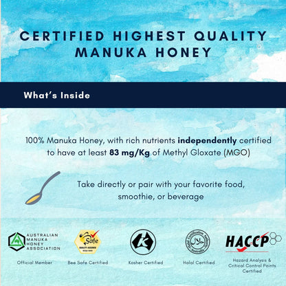 Miel De Manuka Cruda Orgánica MGO 83+ 8.8 Oz Superalimento Versátil Y Saludable