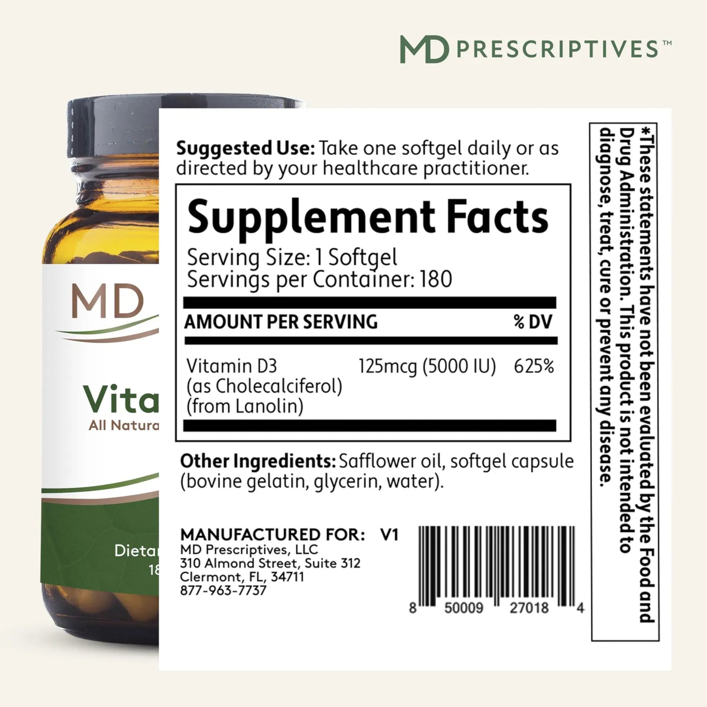 Vitamina D3 5000 UI 180 Cápsulas Blandas Máxima Absorción Huesos Fuerte Sistema Inmune