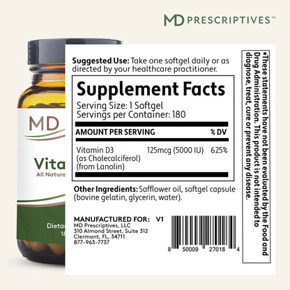 Vitamina D3 5000 UI 180 Cápsulas Blandas Máxima Absorción Huesos Fuerte Sistema Inmune