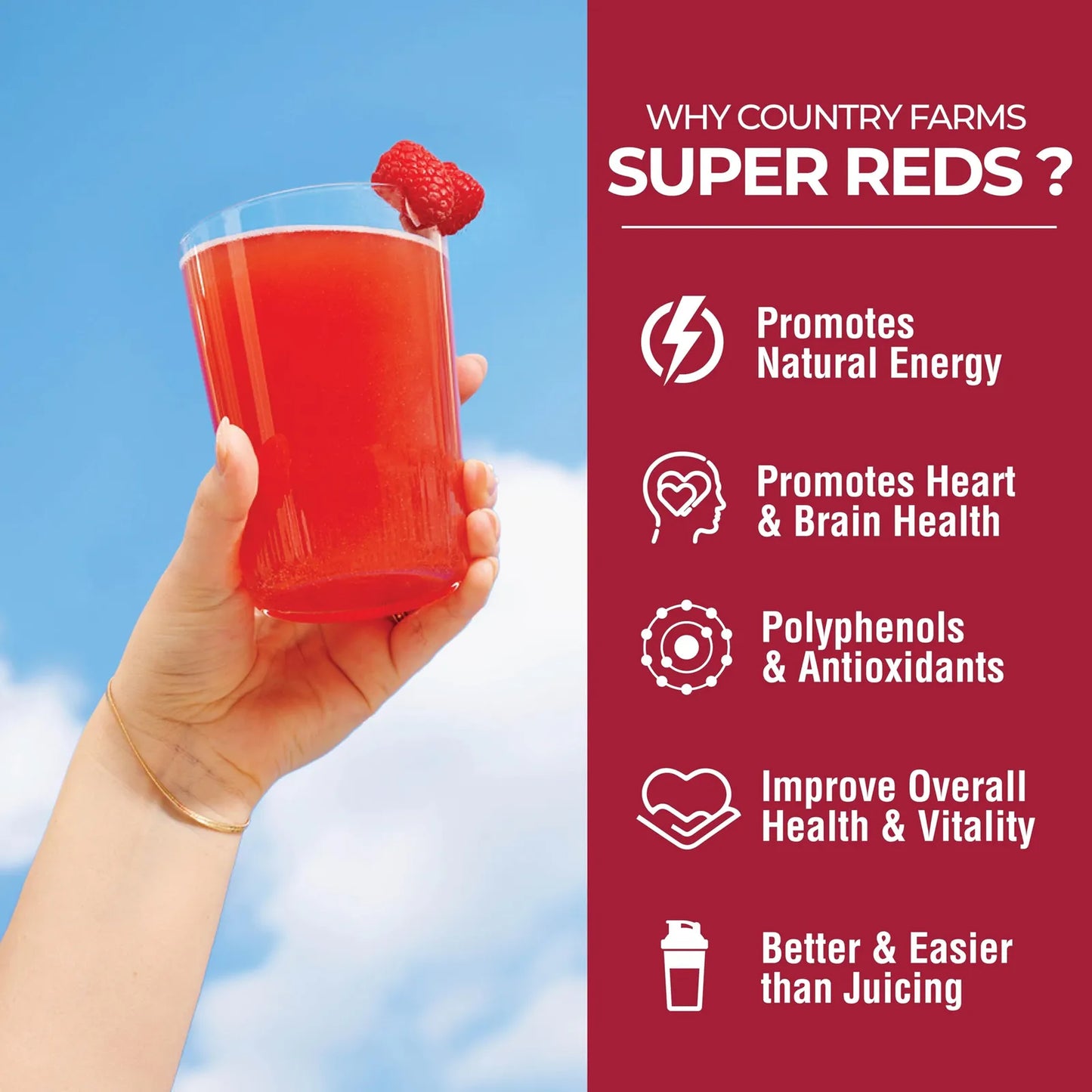 Country Farms Super Rojos Superalimento Energizante De Polifenoles Con 40 Frutas Y Bayas