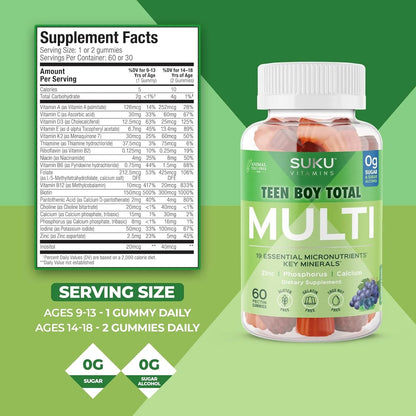 Gomitas Multivitamínicas SUKU Para Adolescentes 19 Nutrientes Sabor Uva 60 Unidades