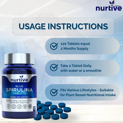 Tabletas De Espirulina Azul 120 Tabletas 250 Mg Extracto Puro Vegano Sin Gluten
