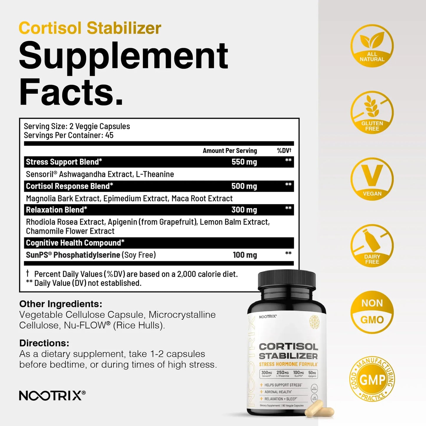 Suplemento Estabilizador De Cortisol Con Ashwagandha Y LTeanina 90 Cápsulas Vegano