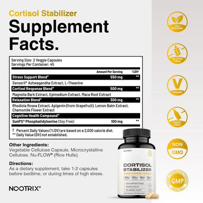 Suplemento Estabilizador De Cortisol Con Ashwagandha Y LTeanina 90 Cápsulas Vegano