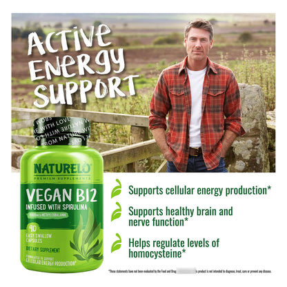 Metilcobalamina B12 1000 Mcg Con Espirulina Orgánica 180 Cápsulas Vegano Energía