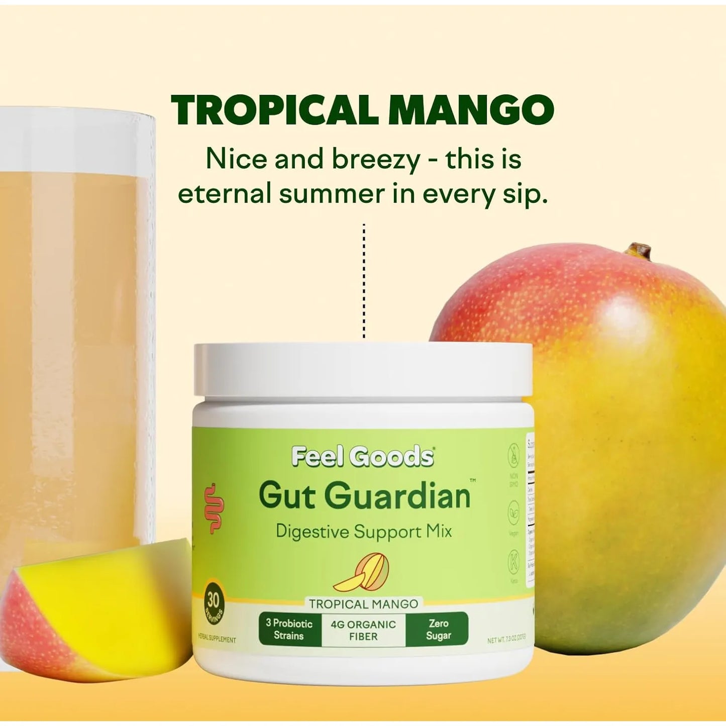 Polvo Probiótico Prebiótico Con Fibra Orgánica Y Sabor A Mango Feel Goods Gut Guardian