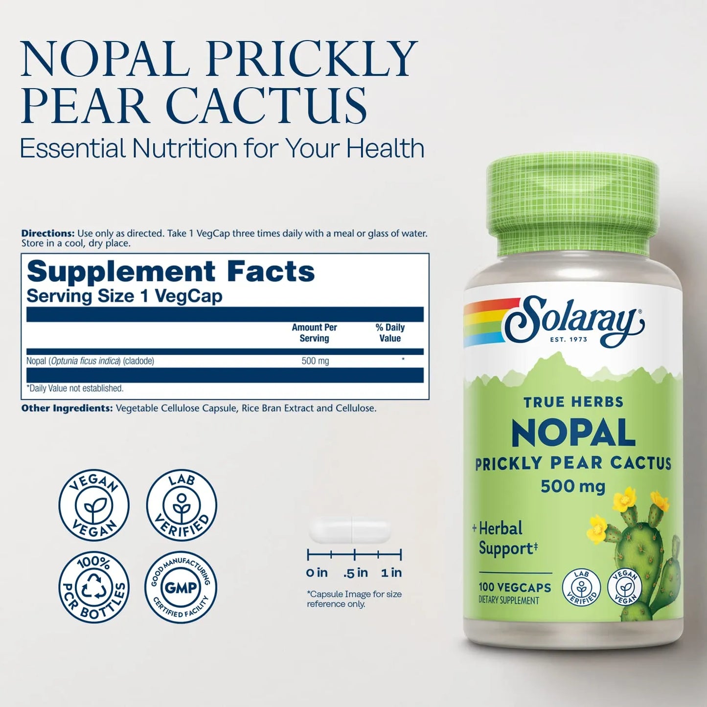 Nopal Cactus De Tuna 500 Mg Con Fibra Antioxidantes Y Carotenoides 100 Cápsulas Vegano