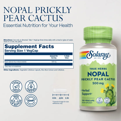Nopal Cactus De Tuna 500 Mg Con Fibra Antioxidantes Y Carotenoides 100 Cápsulas Vegano