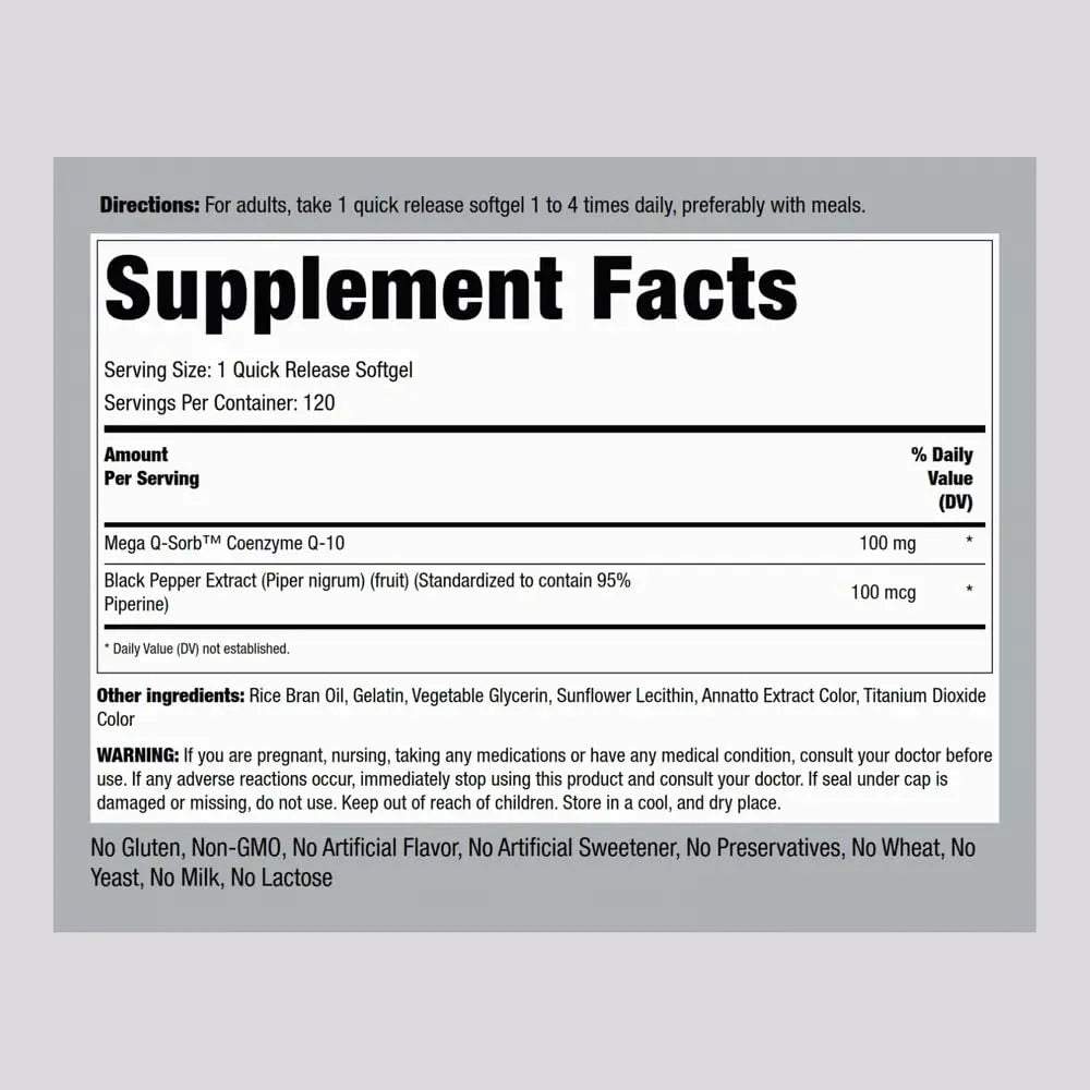 Coq10 100mg 120 Capsulas Blandas Con Extracto De Pimienta Negra Suplemento Energia Y Antioxidante