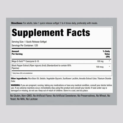 Coq10 100mg 120 Capsulas Blandas Con Extracto De Pimienta Negra Suplemento Energia Y Antioxidante