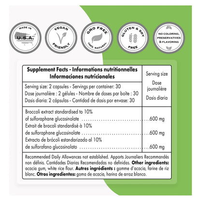 Suplemento De Sulforafano De Brócoli 600 Mg Con Mirosinasa 60 Cápsulas