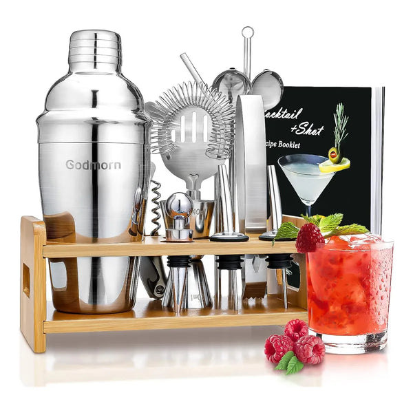 Kit De Cocteleria 15 Piezas Con Soporte Bambu Y Libro Recetas Acero Inoxidable