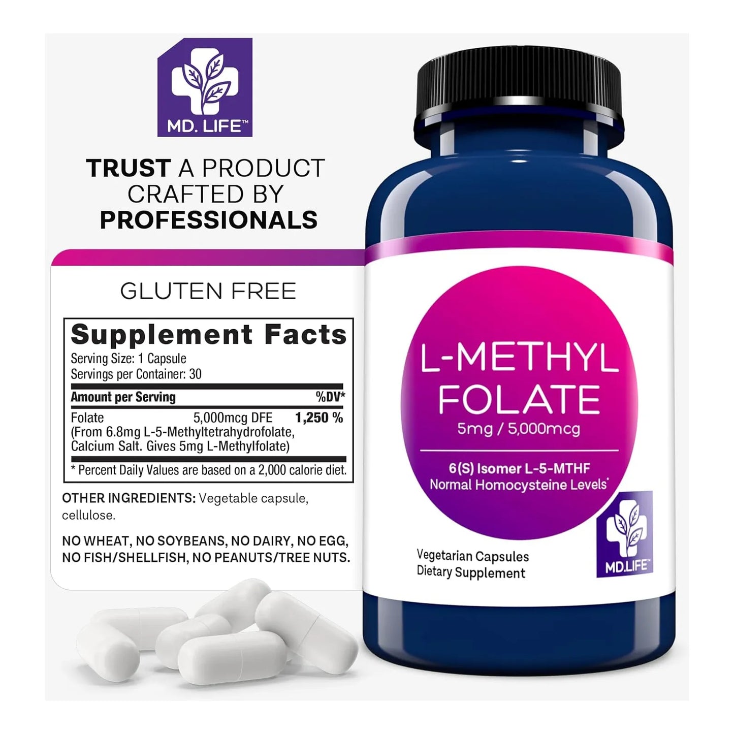 L-Metilfolato 5 Mg Cápsulas Suplemento De Folato Activo Vegano Sin Gluten