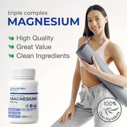 Puregen Labs Complejo Triple Magnesio 300mg Glicinato Malato Citrato 240 Capsulas Vegetales Alta Absorcion