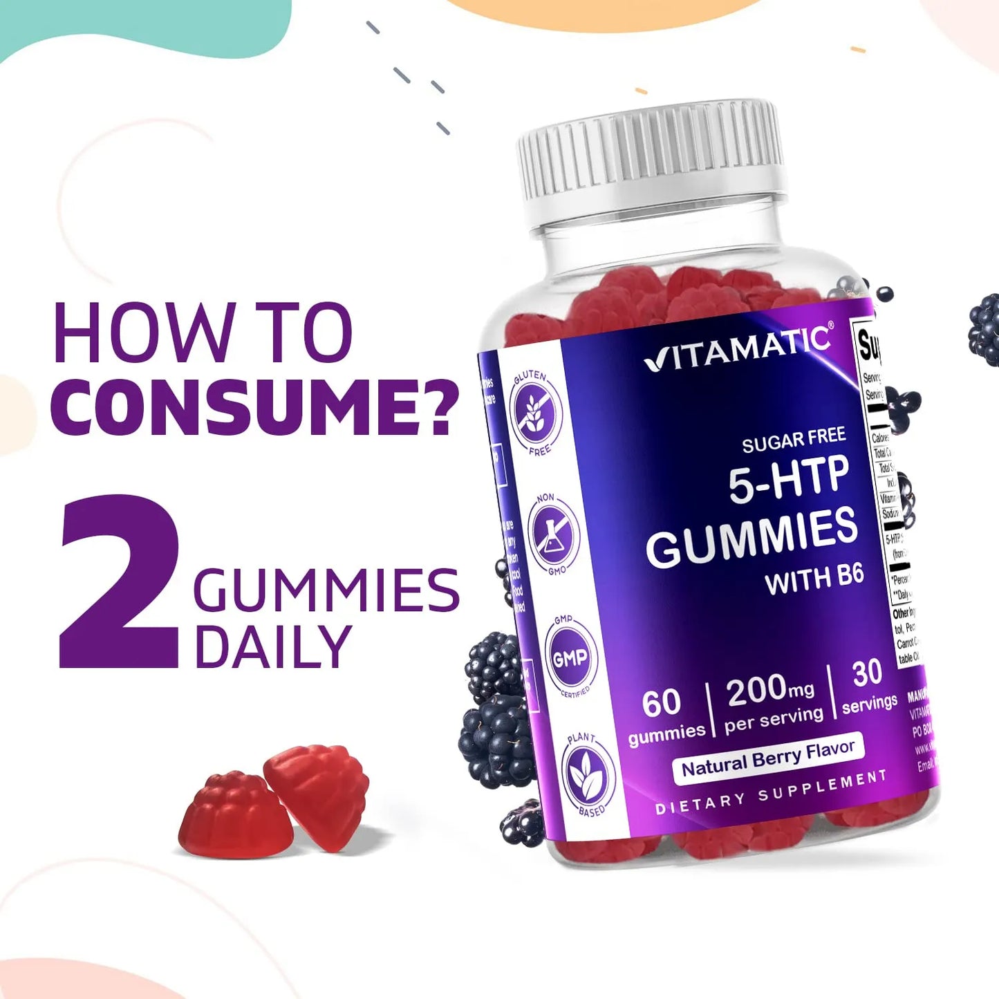 Gomitas 5 HTP 200 Mg Con B6 Sin Azucar Sabor Bayas 60 Unidades Veganas