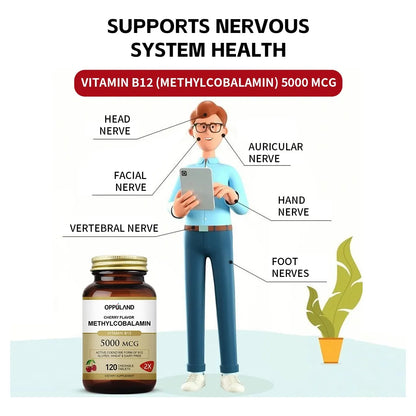 Vitamina B12 Metilcobalamina 5000 Mcg Con Ácido Fólico 120 Tabletas Masticables Sabor Cereza