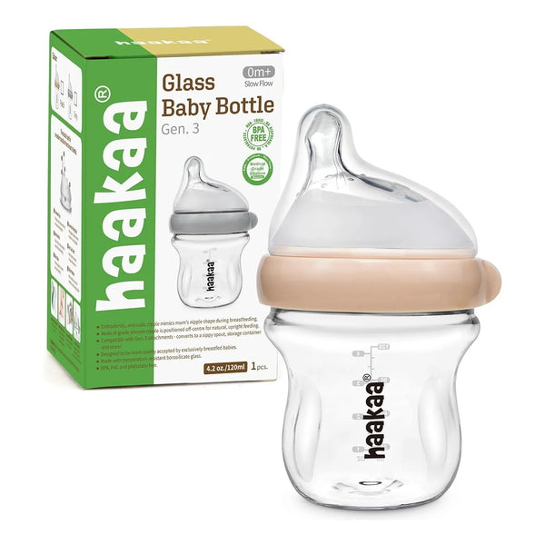 Biberón De Vidrio Natural 125 Ml Cuello Ancho Pezón Anticólicos Haakaa Gen 3