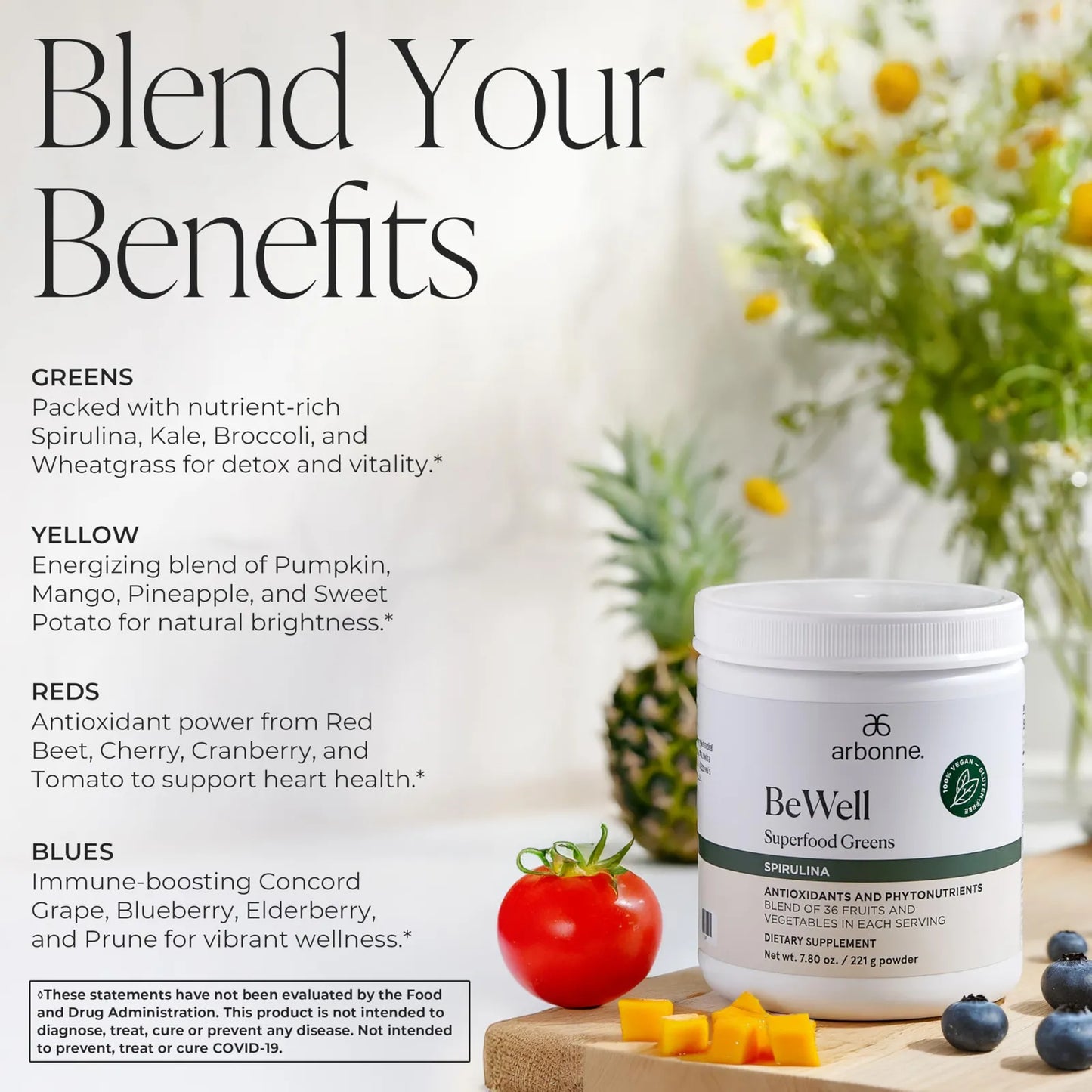 BeWell Superfood Greens Powder Suplemento Salud Polvo Frutas Verduras 7.8 Onzas