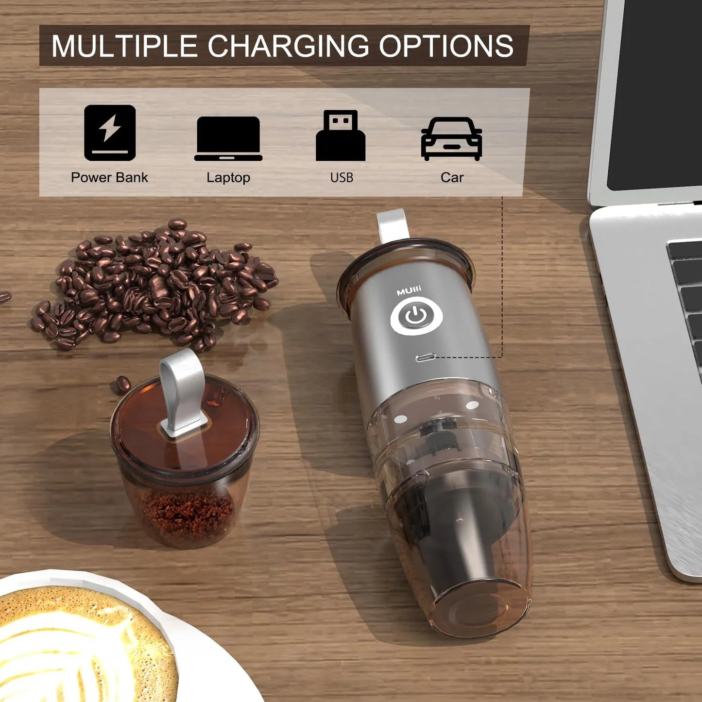 Molinillo De Café Portátil Eléctrico Con Rebabas 5 Ajustes Molienda USB Y Manual