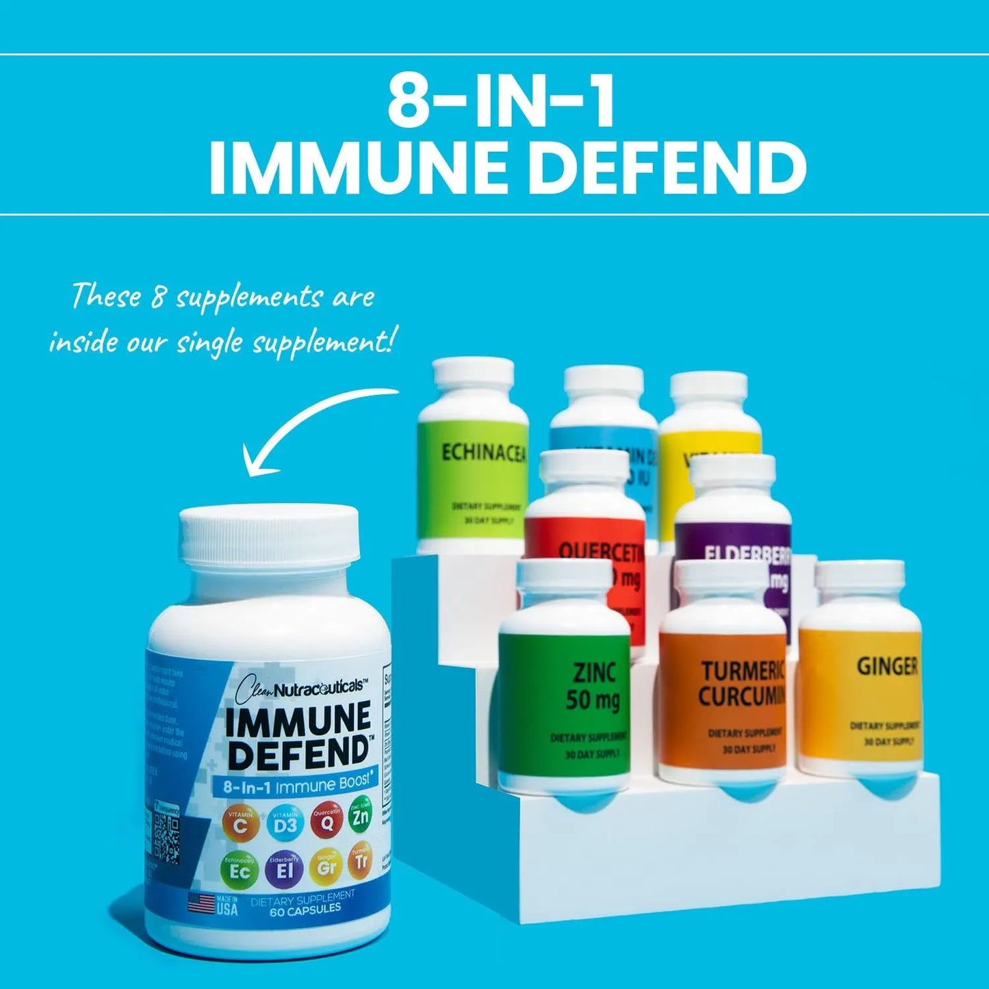 Suplemento Defensa Inmune 8 En 1 Con Zinc Quercetina Vitamina C D3 Saúco 60 Caps