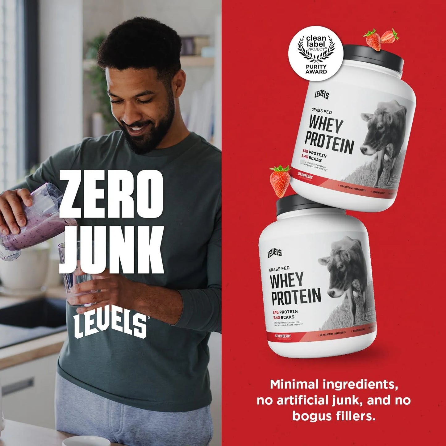 Proteína De Suero Levels Sabor Fresa 5 Lb Ganado Alimentado Con Pasto Sin Artificiales