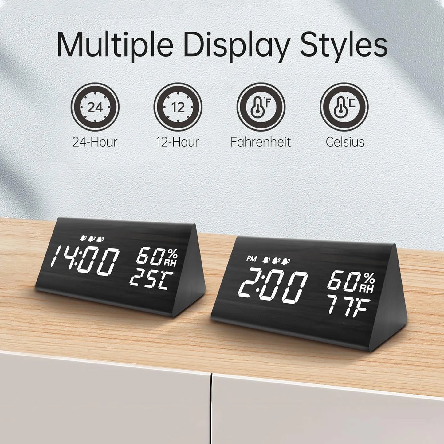 Reloj Despertador Digital Con Pantalla Led Madera 3 Alarmas Temperatura Humedad