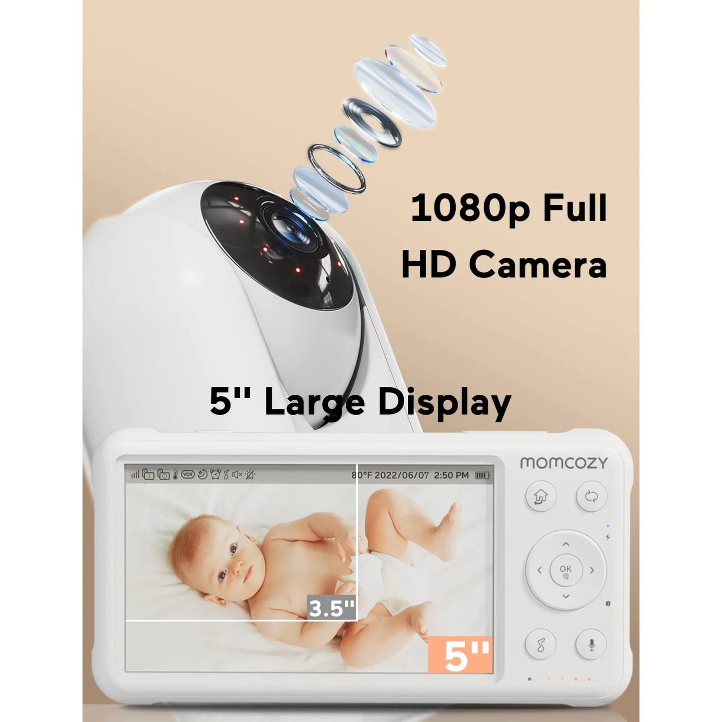 Monitor De Bebé 1080p 5 Pulgadas Cámara Visión Nocturna 360° Batería 5000mAh