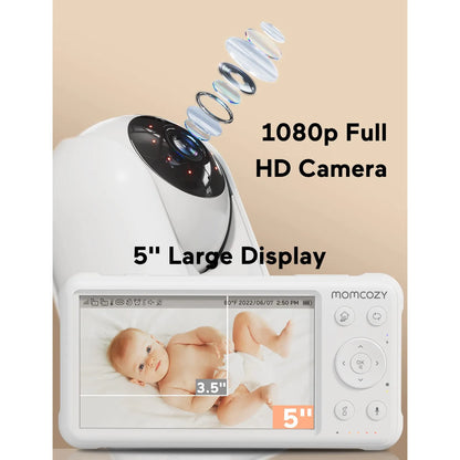 Monitor De Bebé 1080p 5 Pulgadas Cámara Visión Nocturna 360° Batería 5000mAh