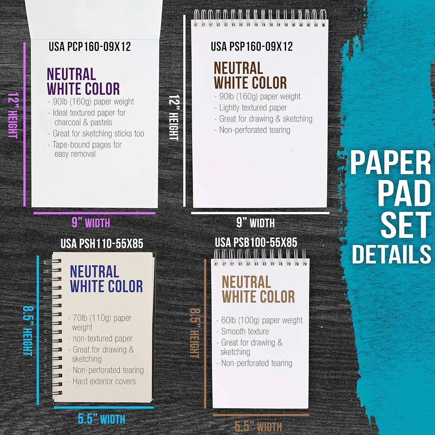 Pack 4 Cuadernos Dibujo 242 Hojas Profesional Sketchbook Papel Carbón Acuarela