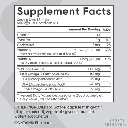 Aceite De Hígado De Bacalao 120 Cápsulas Suaves 1000 Mg Con Vitaminas A y D3