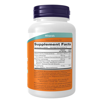 Magnesio Calcio Con Zinc Y Vitamina D3 100 Tabletas NOW Foods Huesos Fuertes
