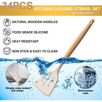 Juego De Utensilios Cocina Silicona 43 Piezas Antiadherentes Mangos Madera Resistente Al Calor