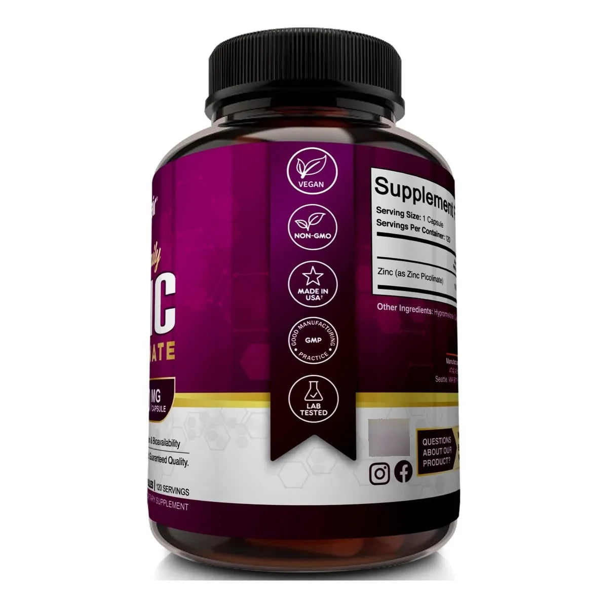 Picolinato De Zinc 100 Mg 120 Cápsulas Veganas Alto Absorción Usa