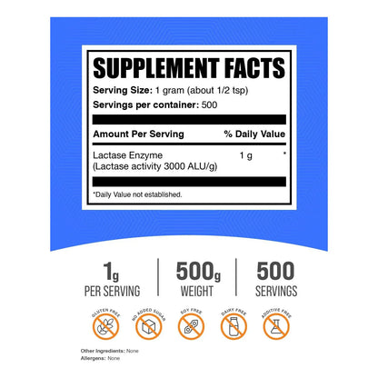 Lactase Enzyme 3000 ALU Polvo Digestivo Suplemento Sin Gluten 500g
