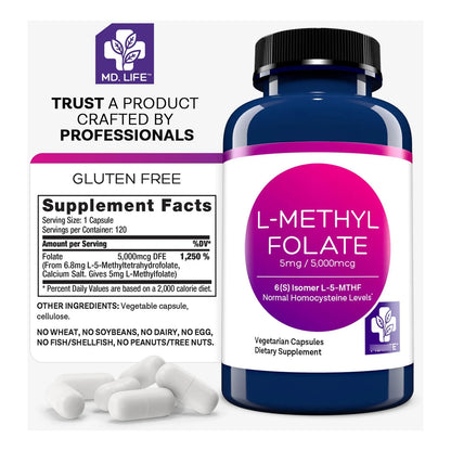 L Metilfolato 5 Mg 120 Capsulas Suplemento MTHFR Grado Profesional
