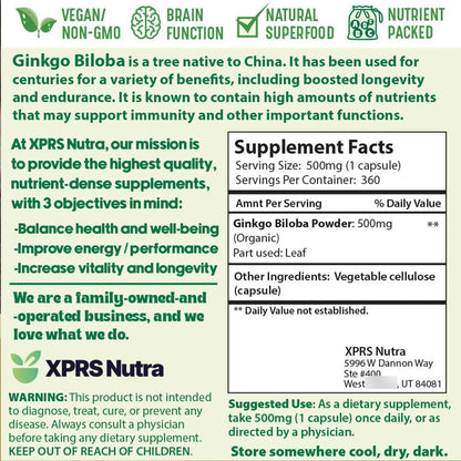 Cápsulas De Ginkgo Biloba 360 Unidades Mejora Cognición Y Enfoque Vegano