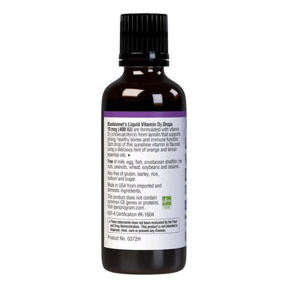 Vitamina D3 Liquida 400 UI Gotas Sabor Citricos BlueBonnet Suplemento Salud Osea E Inmune