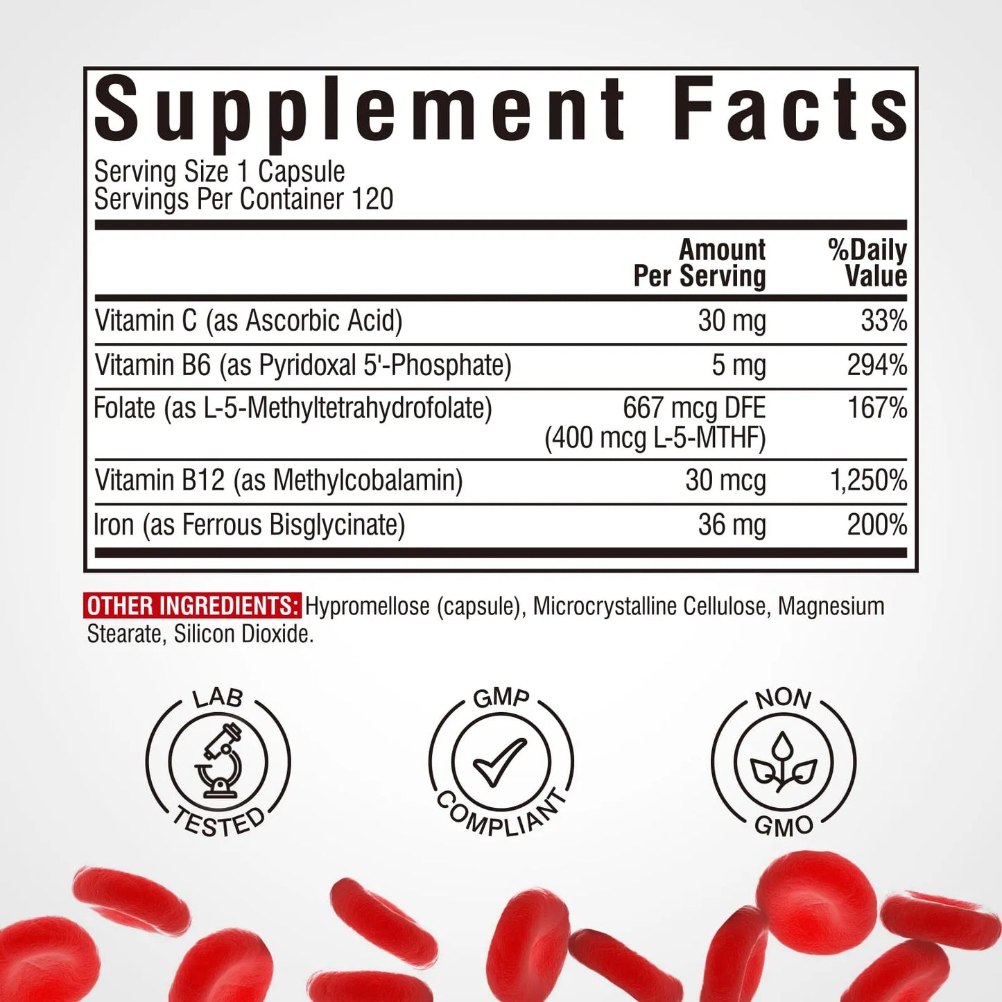 Suplemento De Hierro Con Vitaminas C B6 B12 Y Folato 120 Cápsulas Veganas