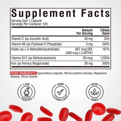 Suplemento De Hierro Con Vitaminas C B6 B12 Y Folato 120 Cápsulas Veganas