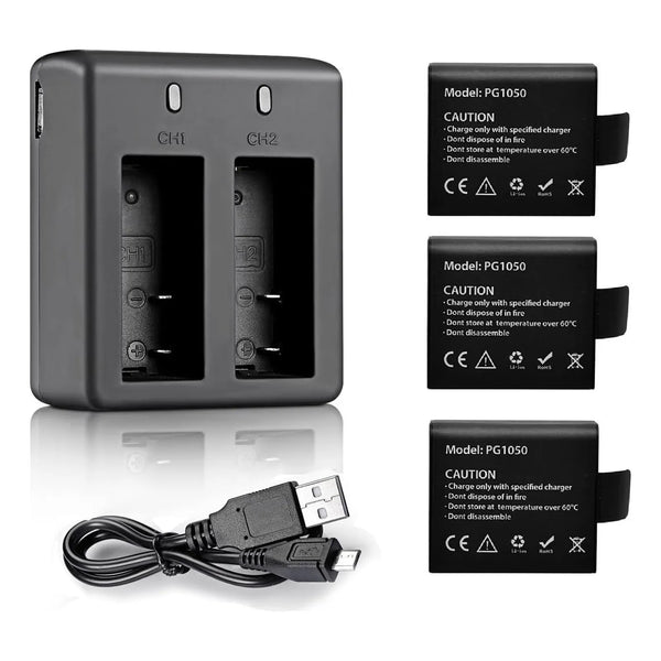 Bateria Recargable Para Camara De Accion 3 Unidades 1050 Mah Con Cargador Dual