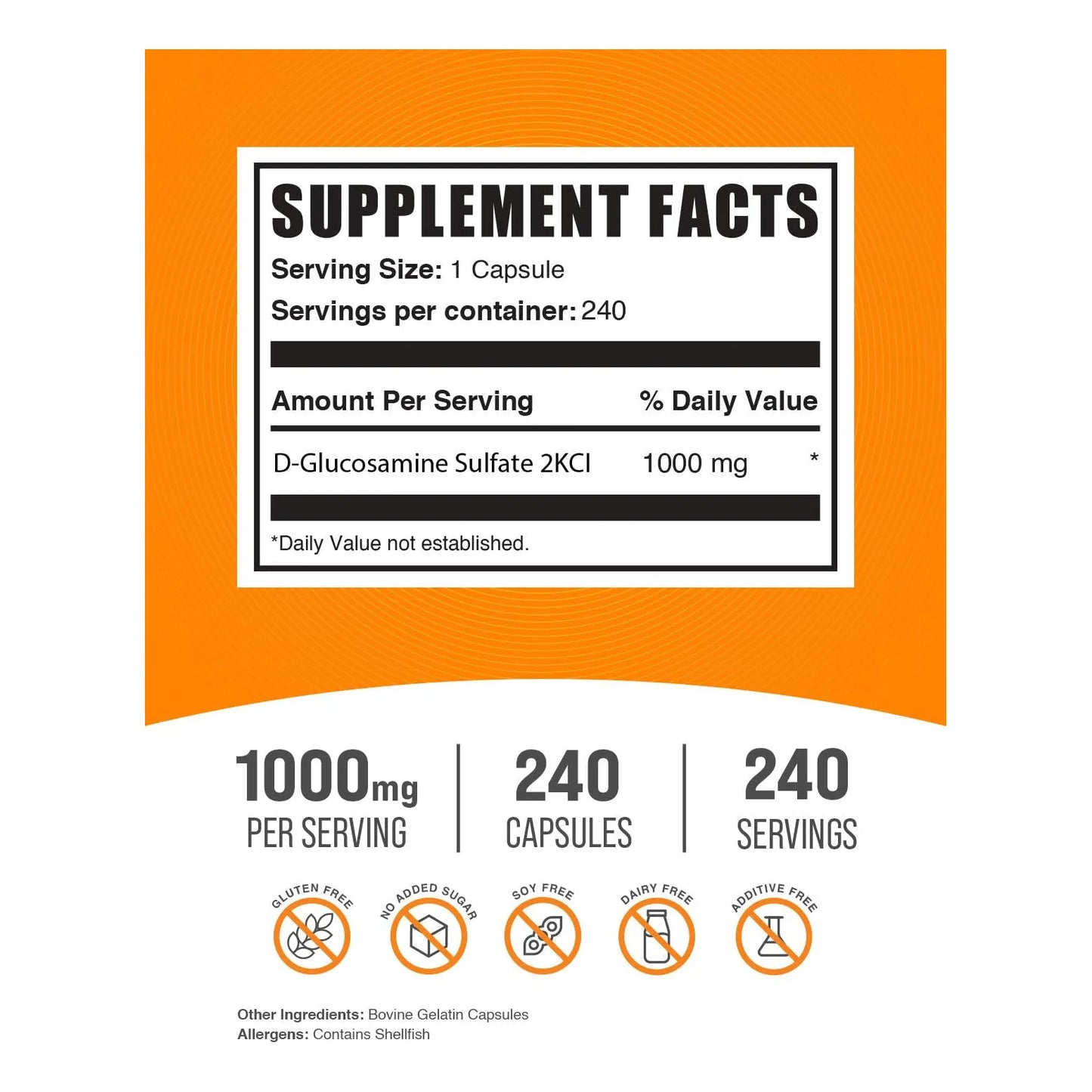 Capsulas De Sulfato De Glucosamina 1000 Mg Apoyo Articular 240 Unidades Sin Gluten