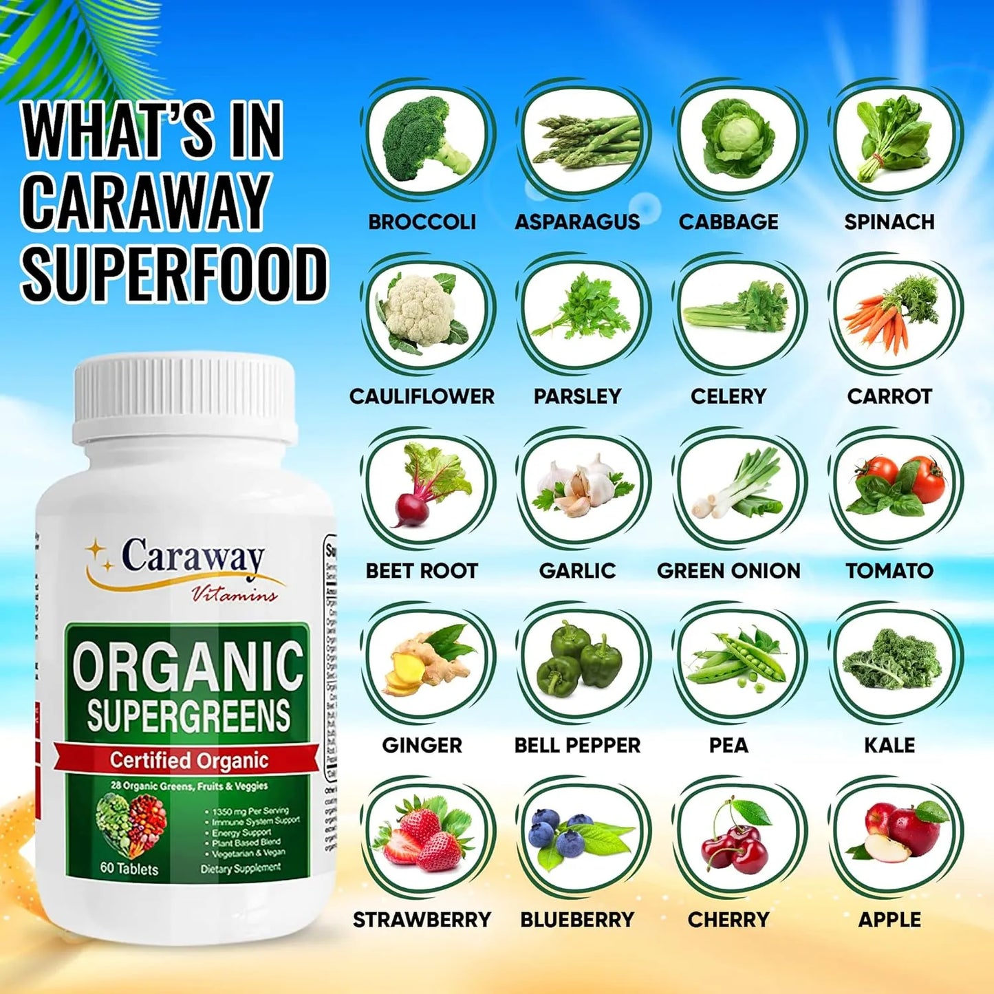 Complejo Orgánico Superalimentos Vitaminas Verdes 1350 Mg 60 Tabletas