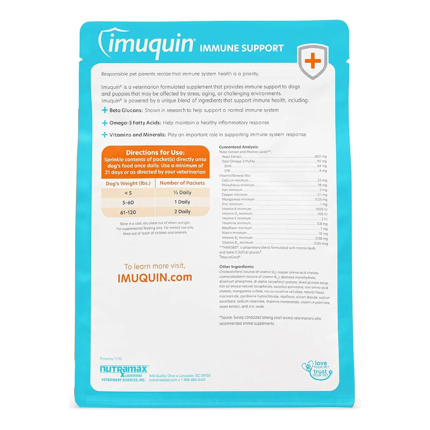 Suplemento Inmunologico Para Perros Con Beta Glucanos Y Omega 3 Nutramax Imuquin 30 Sobres