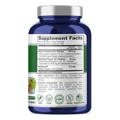 Castaño De Indias 6000mg 180 Cápsulas Vegetales Extracto 20 1 Con Bioperine Y Caléndula