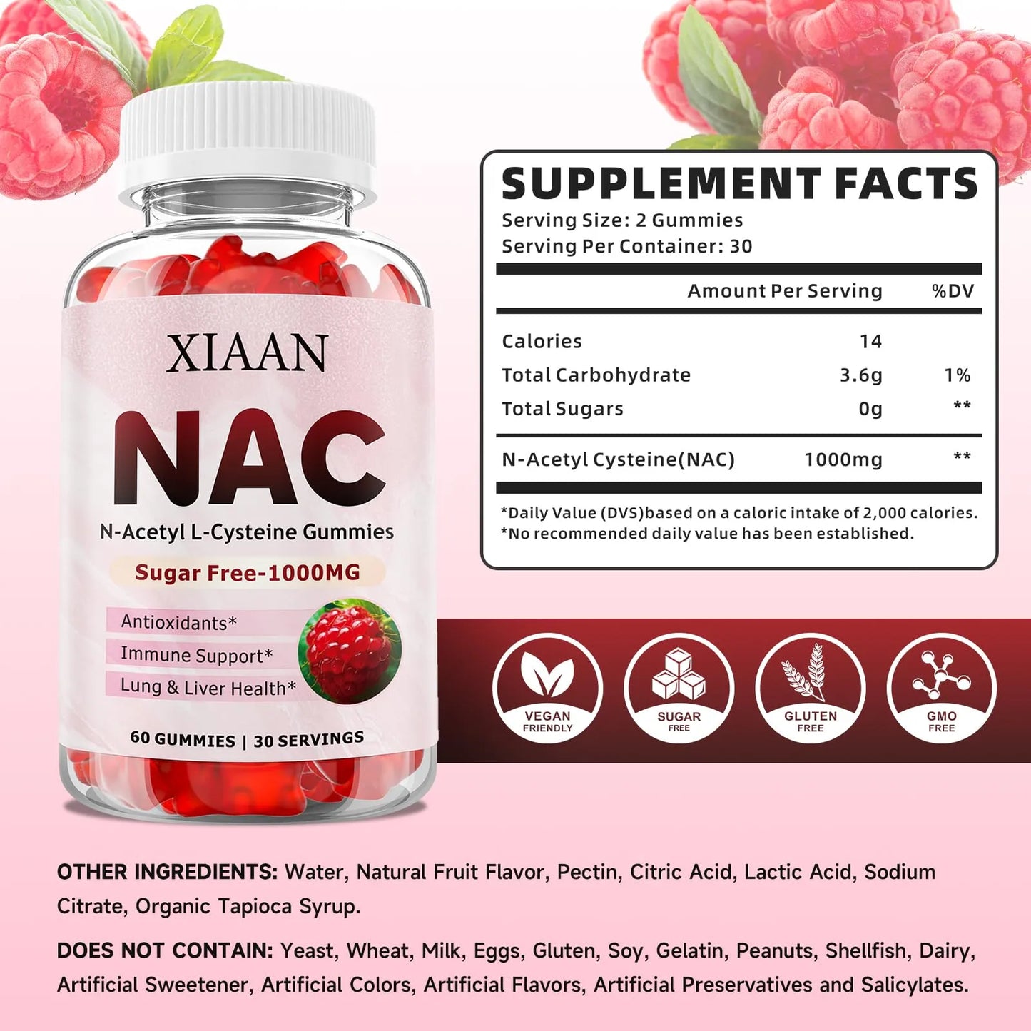 Gomitas NAC 1000 Mg Antioxidante Apoyo Inmunologico Sabor Frambuesa 60 Unidades