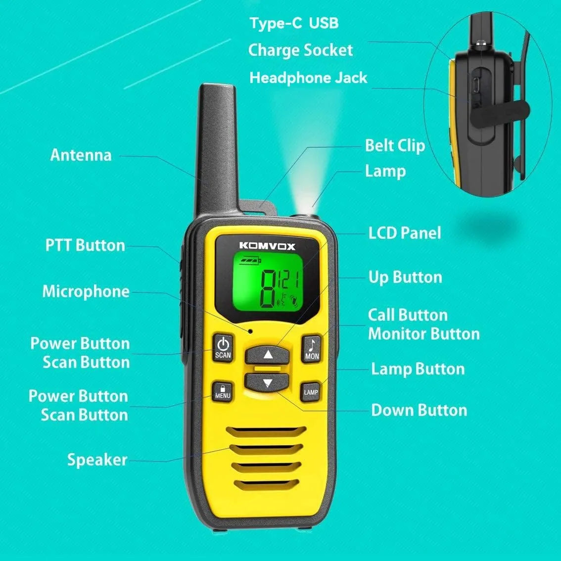 Walkie Talkies Profesionales Recargables Largo Alcance 36 Canales NOAA USB-C