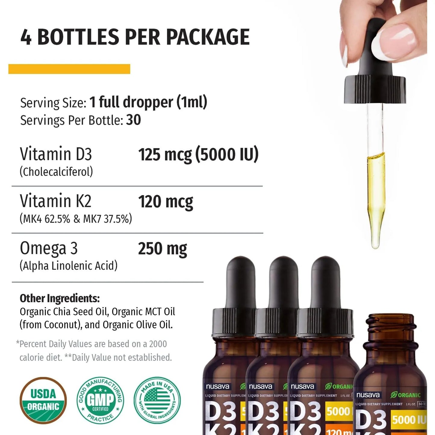 Gotas Orgánicas D3 K2 5000 UI Con Aceite MCT Omega 3 Suplemento Líquido