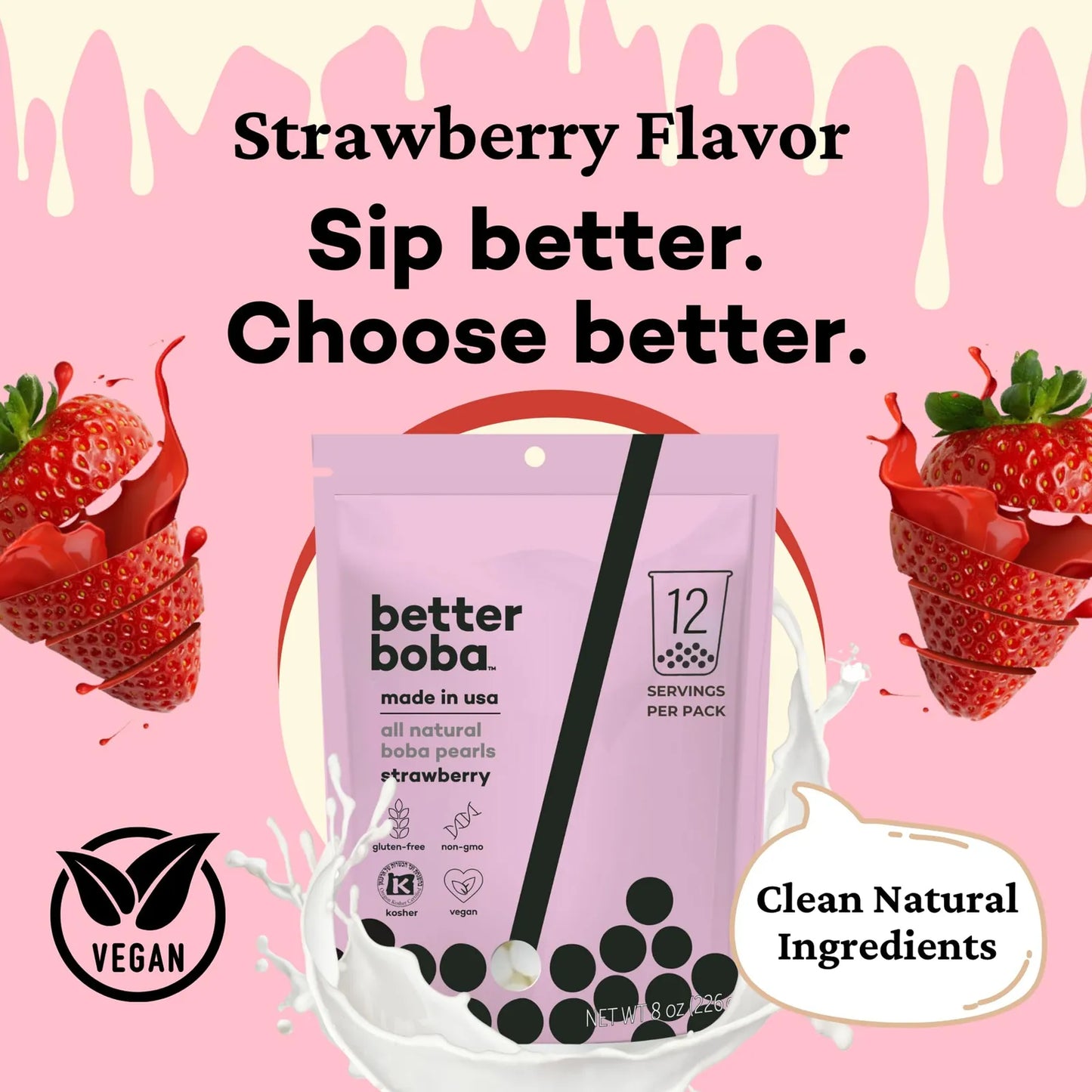 Perlas De Fresa Boba Naturales Veganas Sin Gluten 8 Onzas 12 Porciones