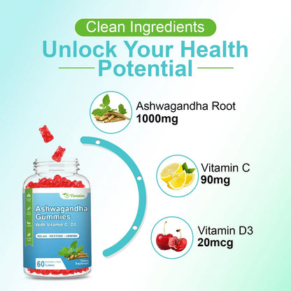 Gomitas Ashwagandha Vitamina D 120 Unidades Apoyo Animo Relajacion Sistema Inmunologico